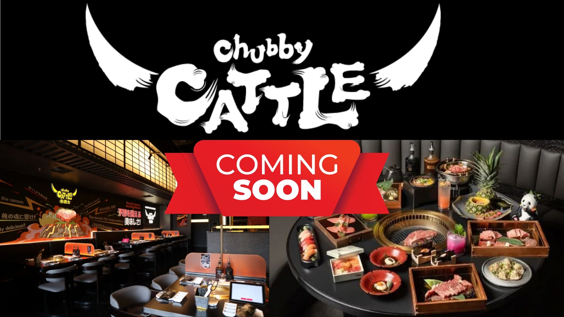 Promotional image for Chubby Cattle restaurant, featuring the logo with horns, a Coming Soon banner, and photos of a modern dining area and assorted Japanese dishes on a table.