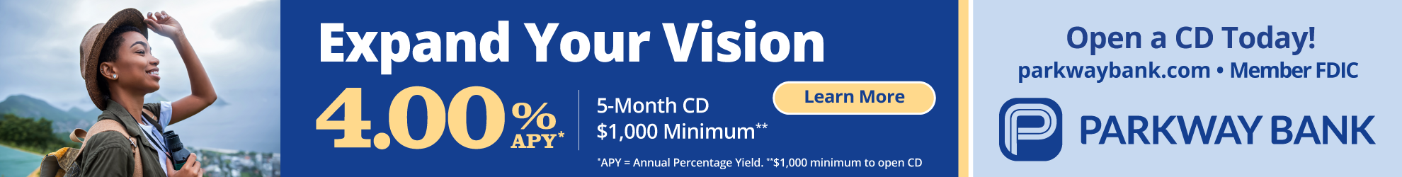 Woman outdoors with backpack on left; Parkway Bank ad on right promoting 5-month CD at 4.00% APY, $1,000 minimum, and a Learn More button.
