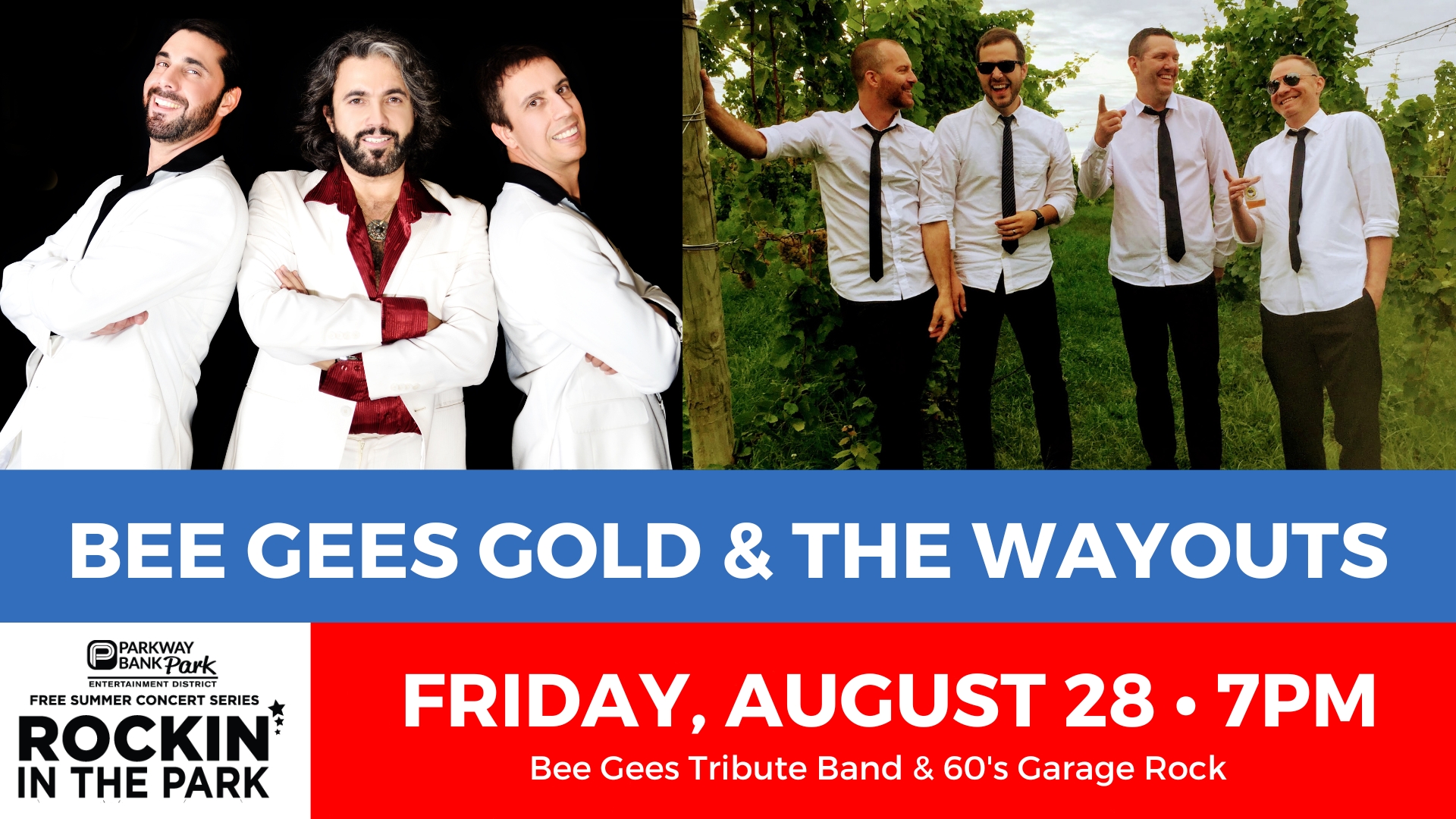 Promotional poster for a concert featuring Bee Gees Gold tribute band and The Wayouts, scheduled for Friday, August 28 at 7pm as part of the Rockin’ in the Park series.