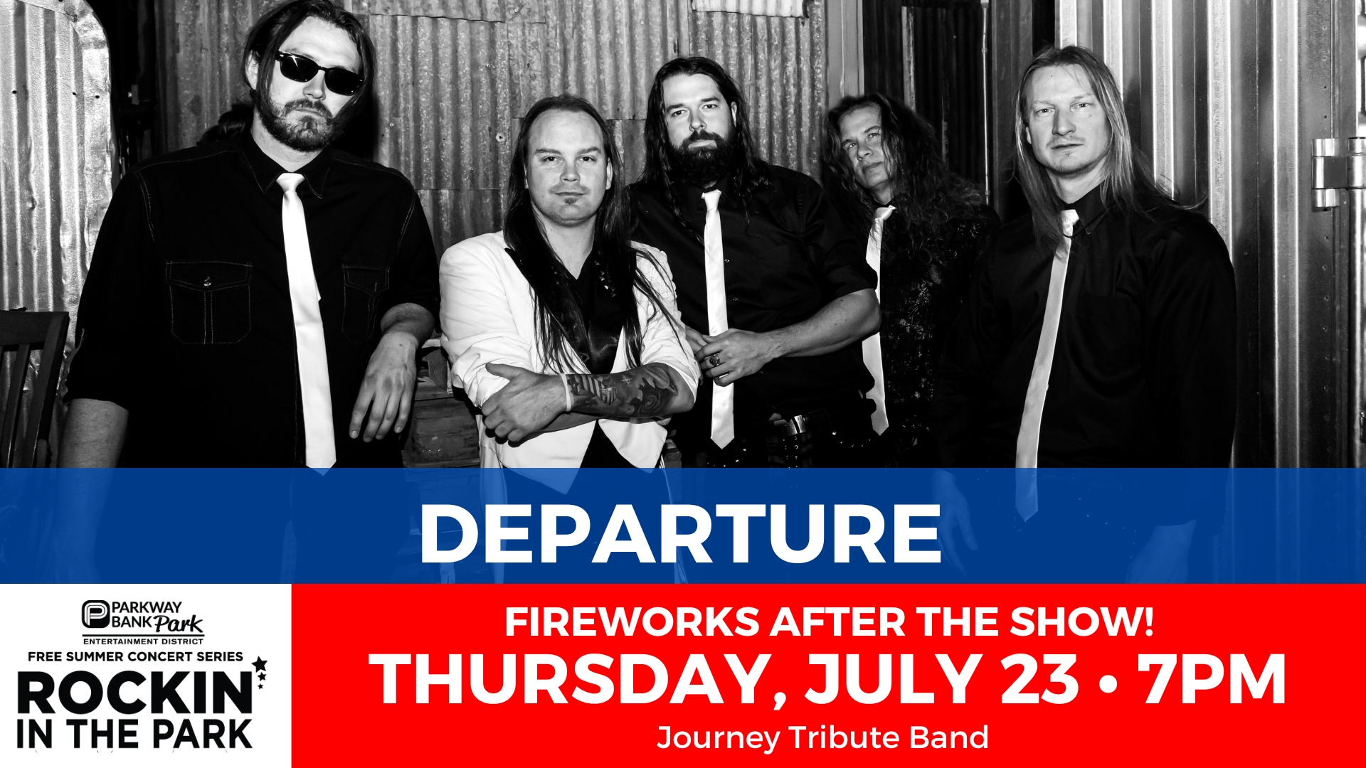 Black and white photo of five men in shirts and ties standing together. Text promotes a Journey tribute band concert on Thursday, July 23 at 7pm, with fireworks after the show.