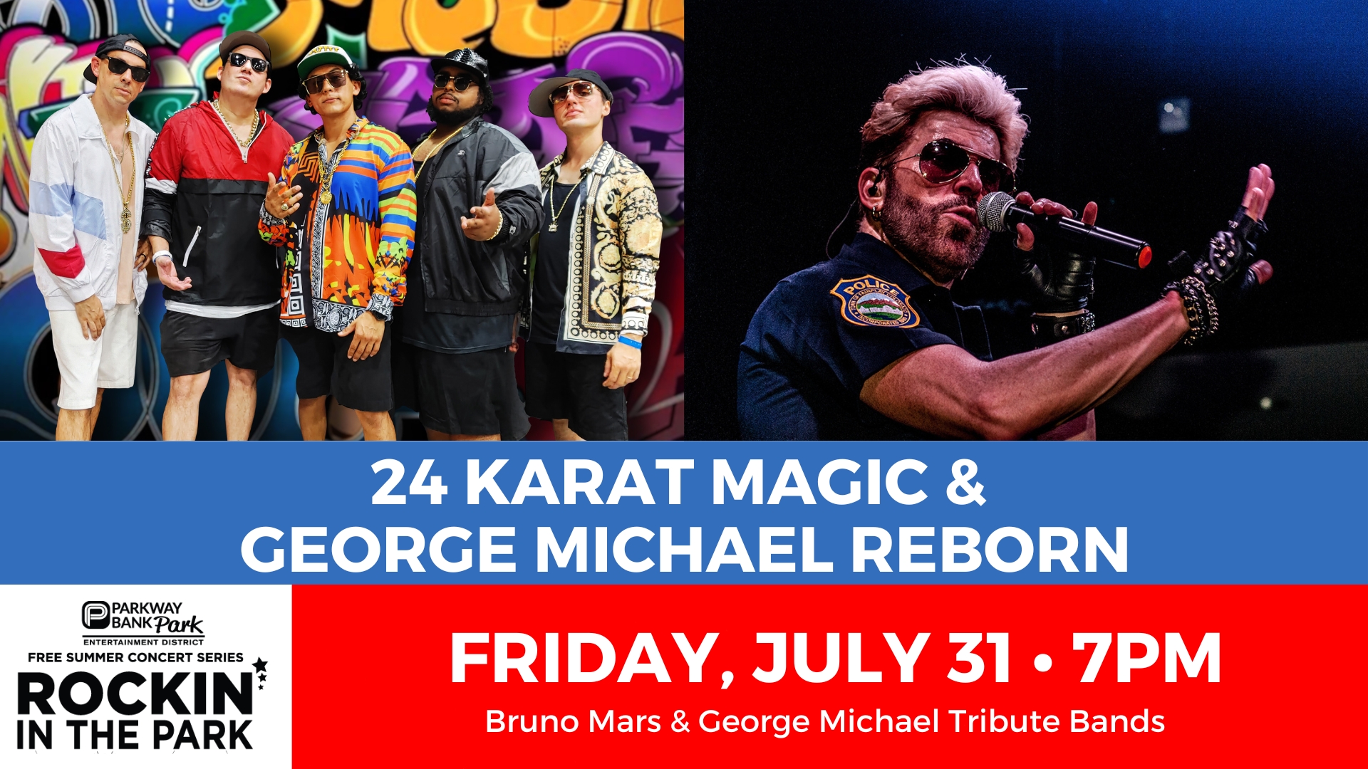 Promotional image for a concert featuring Bruno Mars and George Michael tribute bands, with event details for Friday, July 31 at 7 PM as part of Rockin’ in the Park series.