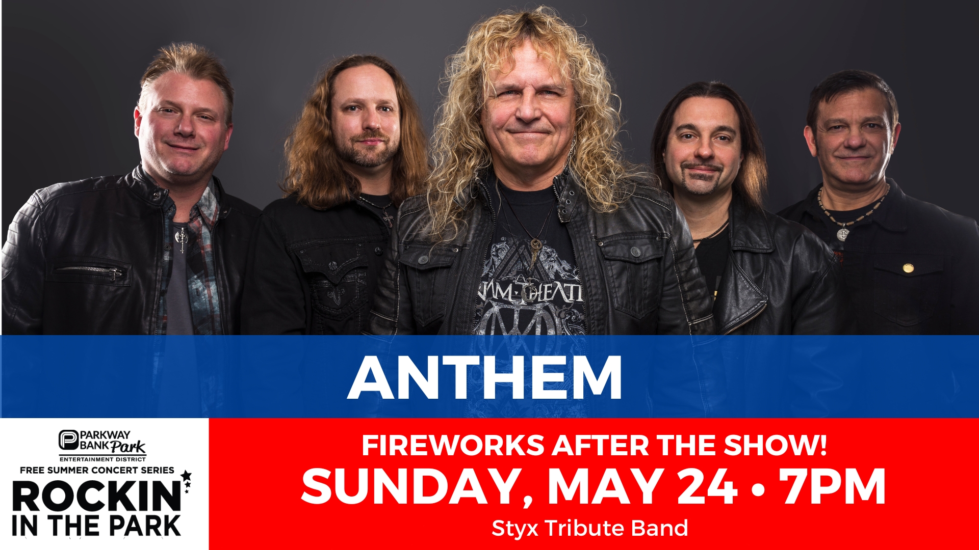 Five men in black leather jackets pose for a promotional photo for a Styx tribute band concert on Sunday, May 24 at 7 PM, featuring fireworks after the show.