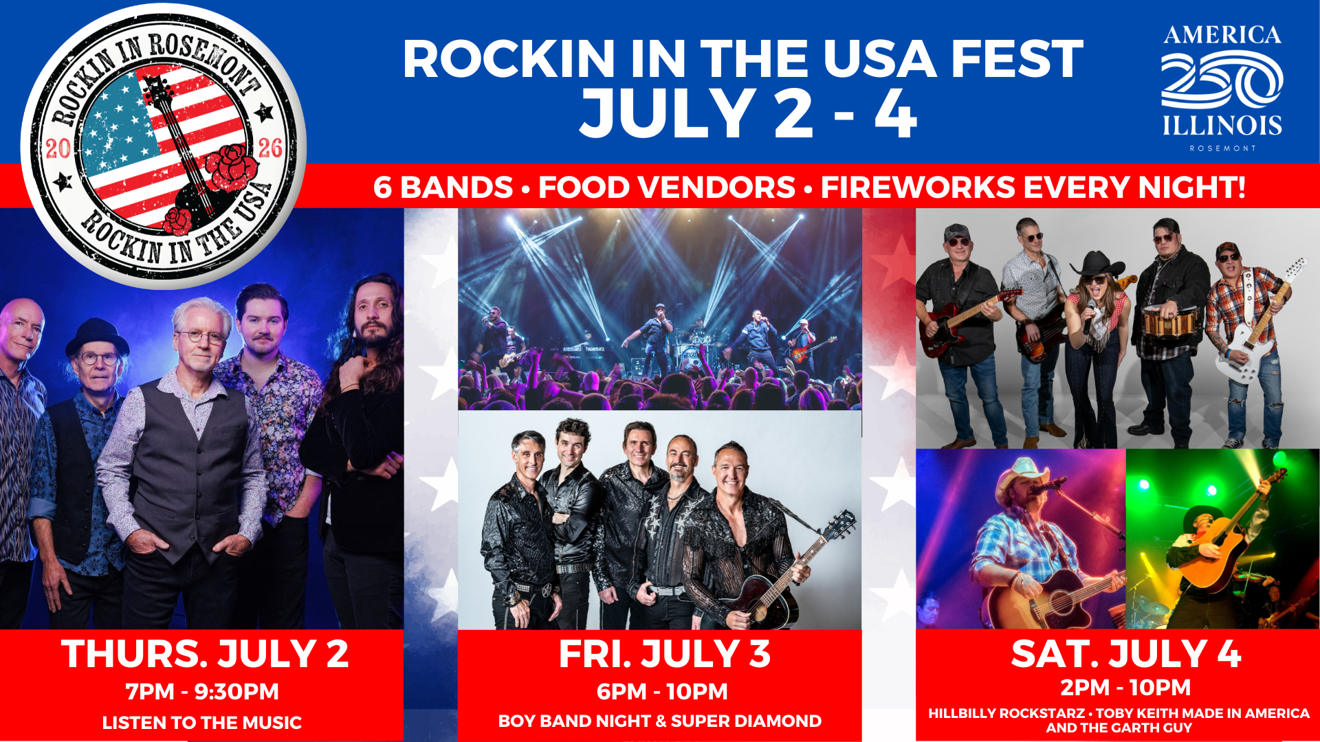 Promotional poster for Rockin in the USA Fest in Rosemont, Illinois, July 2-4, showing band photos, event dates, times, and activities including live music, food vendors, and fireworks.