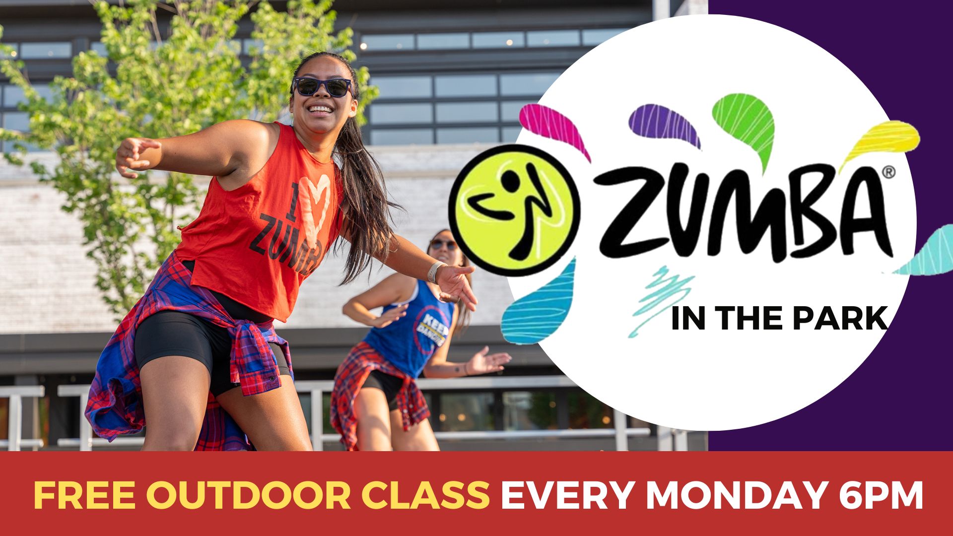 Woman leads an outdoor Zumba class in front of a building; text reads Zumba in the Park - Free Outdoor Class Every Monday 6PM.