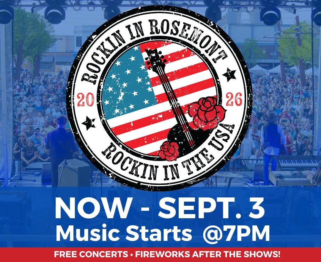 Outdoor concert stage with Rockin in Rosemont: Rockin in the USA logo, event dates, and details about free concerts starting at 7 PM through September 3.