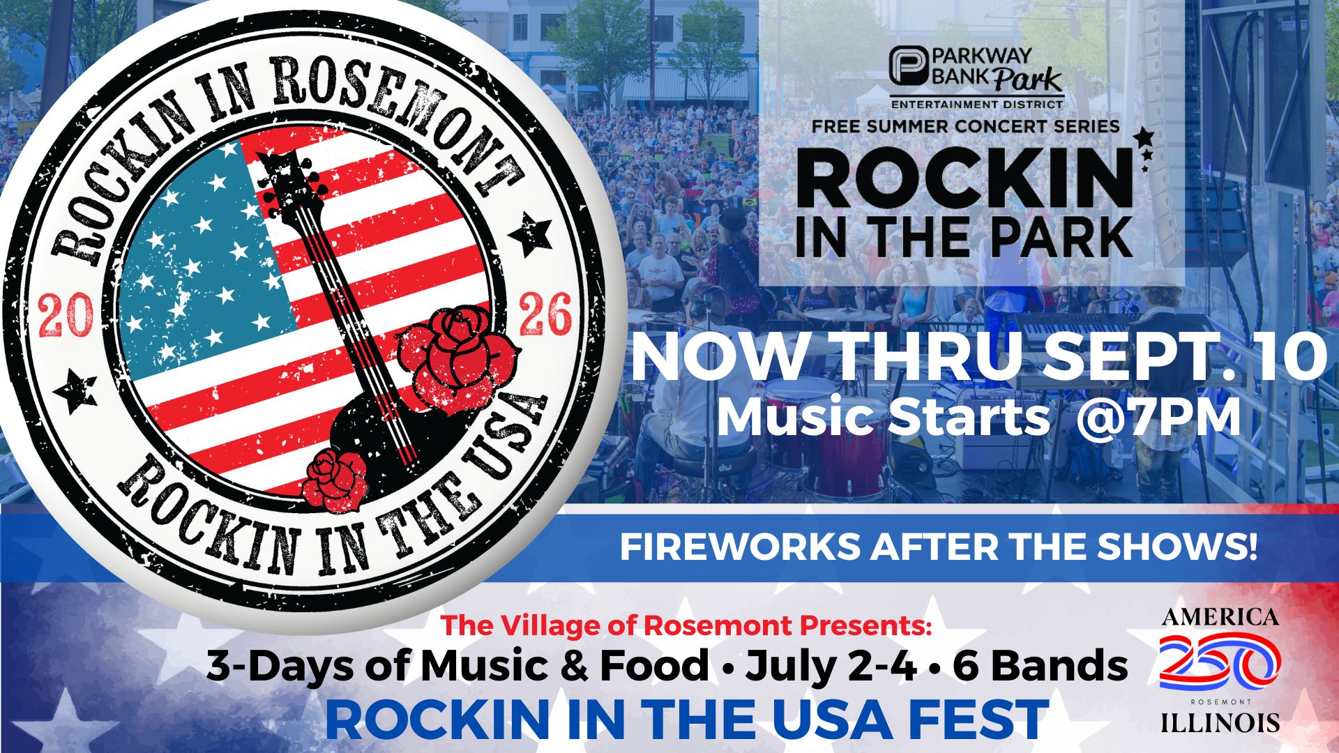Promotional poster for Rockin in the USA Fest in Rosemont, featuring concert details, dates from now through Sept. 10, and information about music, food, fireworks, and sponsoring organizations.