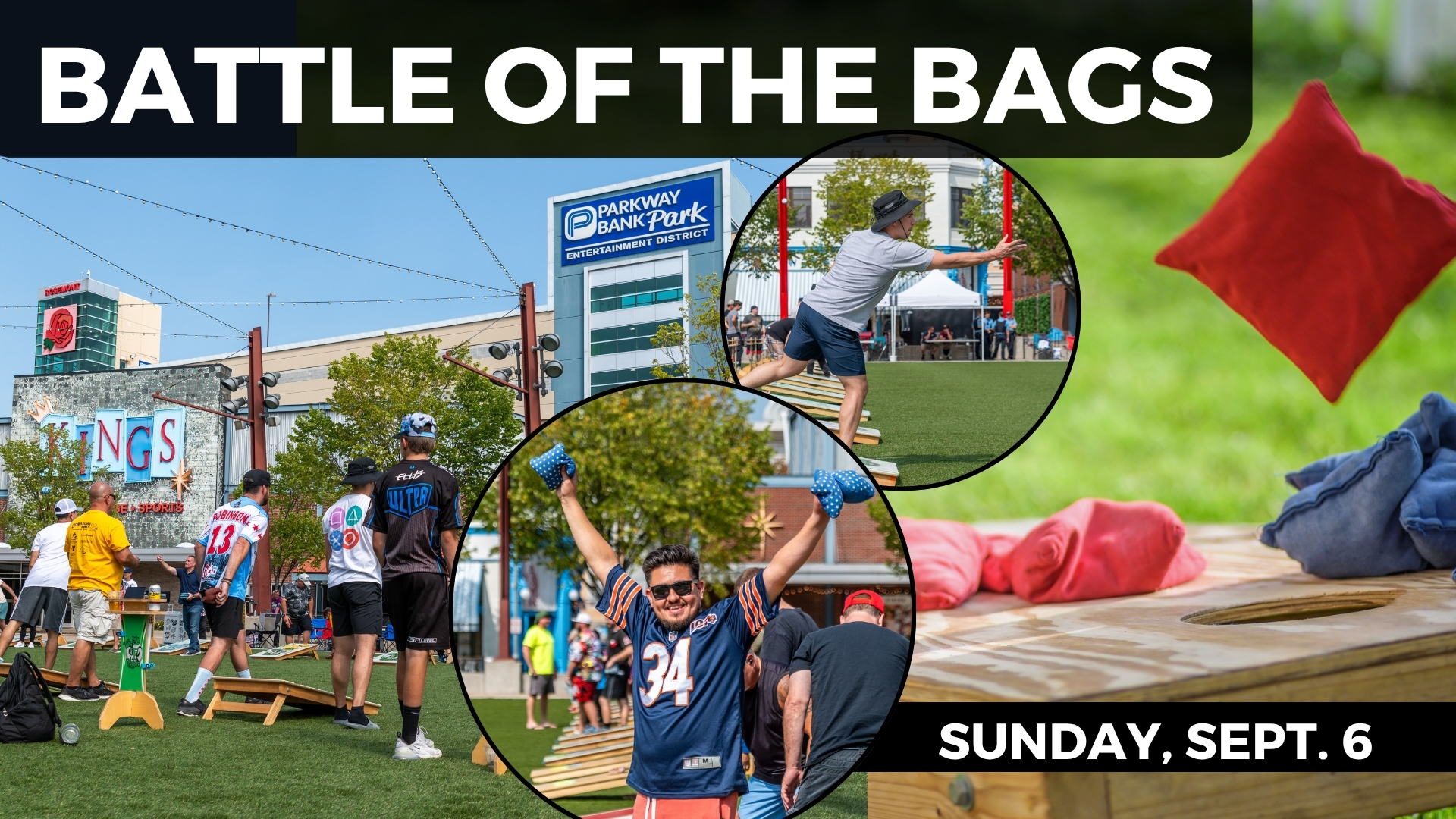 People play a cornhole tournament outdoors with bags and boards; event titled Battle of the Bags, scheduled for Sunday, September 6.