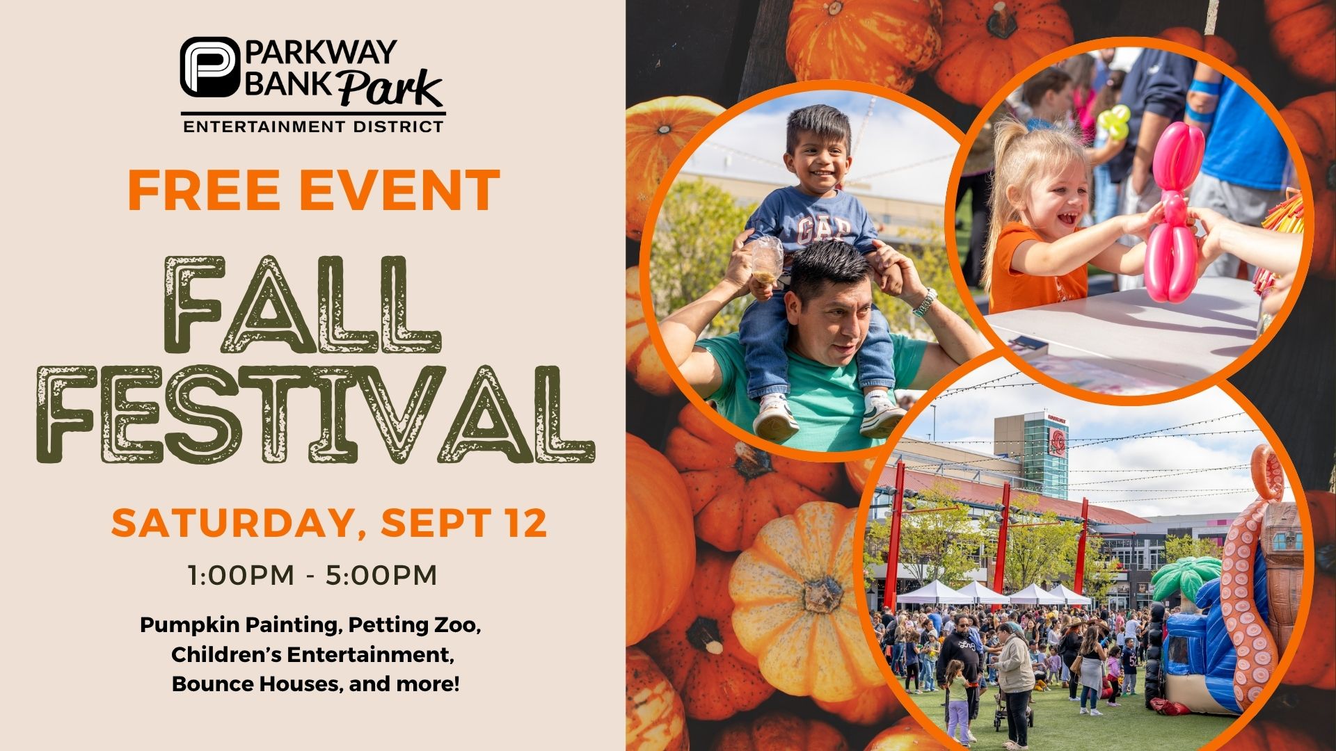 Flyer for Parkway Bank Park Fall Festival on Saturday, Sept 12, 1-5pm, featuring pumpkins, childrens activities, and a crowd at an outdoor event.