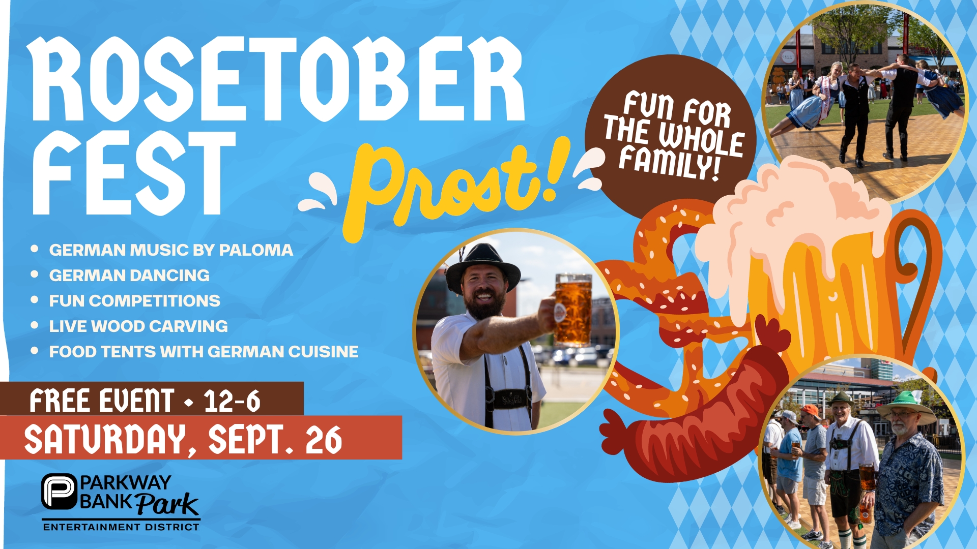 Event poster for Rosetober Fest, featuring German music, dancing, competitions, wood carving, and food. Event is free on Saturday, Sept. 26, 12–6 PM at Parkway Bank Park.