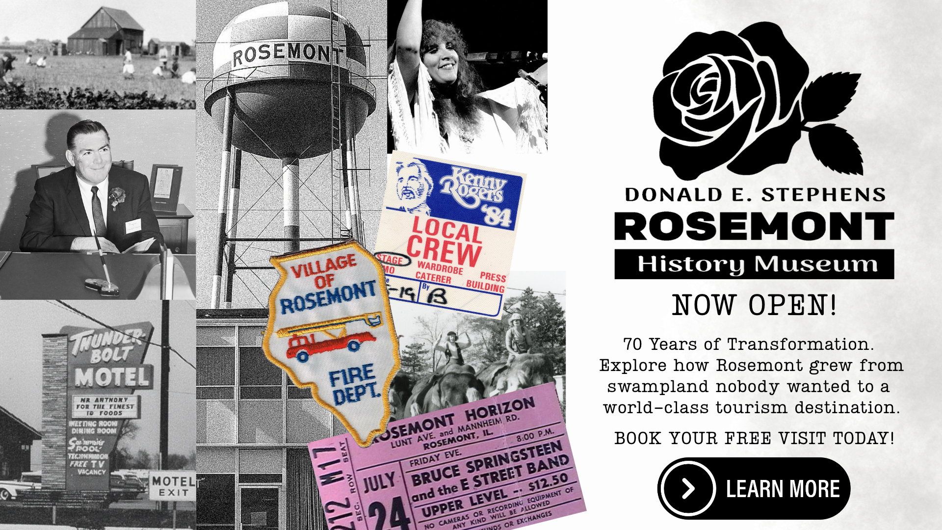 Collage of Rosemont landmarks, event tickets, and people, with text announcing the opening of the Donald E. Stephens Rosemont History Museum and an invitation to book a free visit.