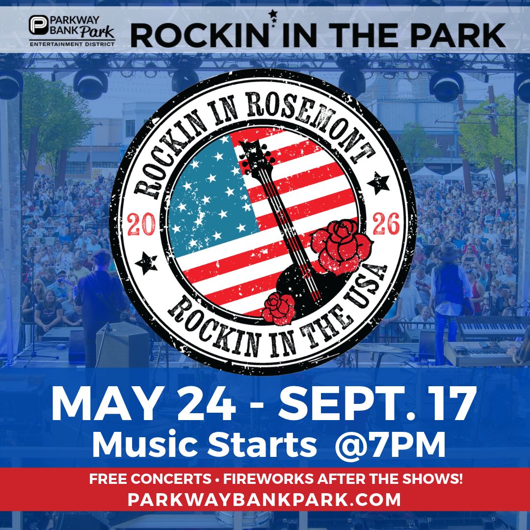 Rockin in the Park event banner showing dates May 24–Sept 17, concerts start at 7 PM, and featuring a guitar with an American flag.