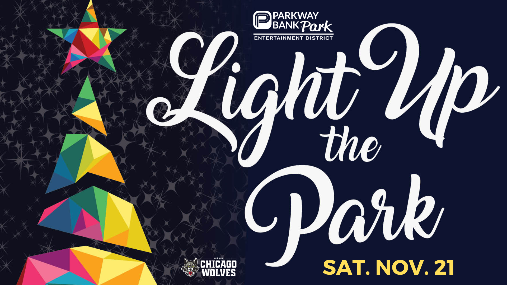 Event poster for Light Up the Park at Parkway Bank Park, featuring a stylized geometric Christmas tree and the date Saturday, November 21.