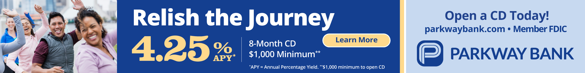 People celebrating on left; Parkway Bank ad on right promotes 4.25% APY 8-month CD with $1,000 minimum. Blue and yellow design with Learn More button and website info.