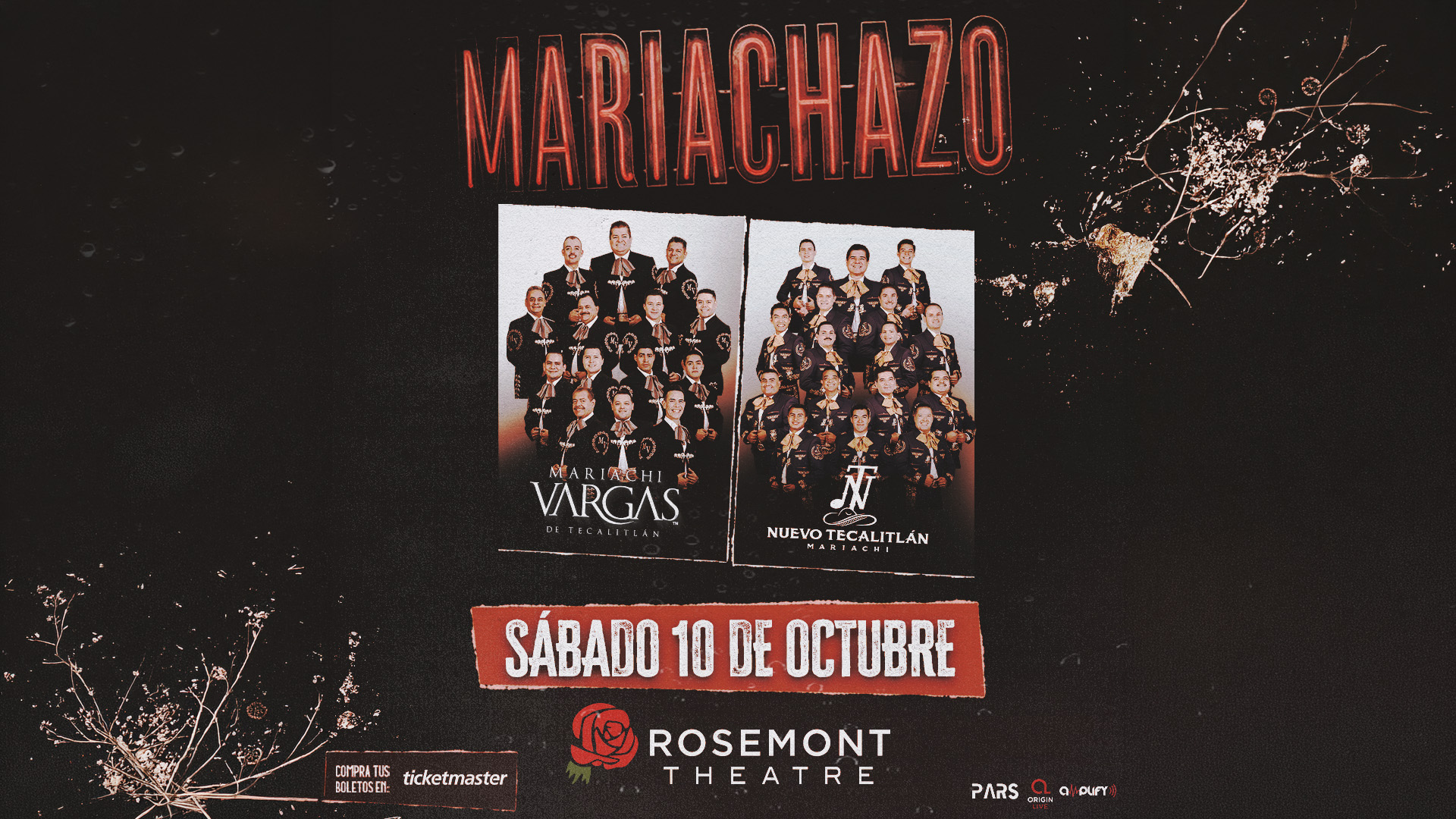 Event poster for Mariachazo featuring Mariachi Vargas de Tecalitlán and Nuevo Tecalitlán, scheduled for Saturday, October 10 at Rosemont Theatre.