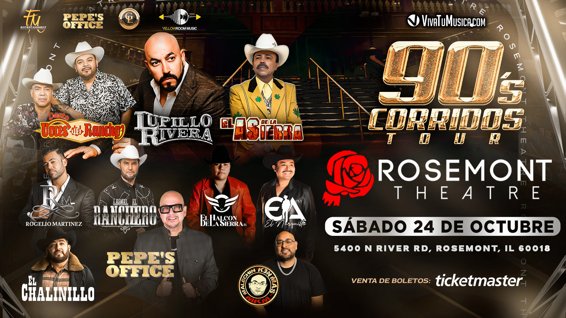 Promotional banner for the 90’s Corridos Tour featuring Los Tucanes de Tijuana, Lupillo Rivera, and La Original Banda El Limón, with event details and sponsor logos.