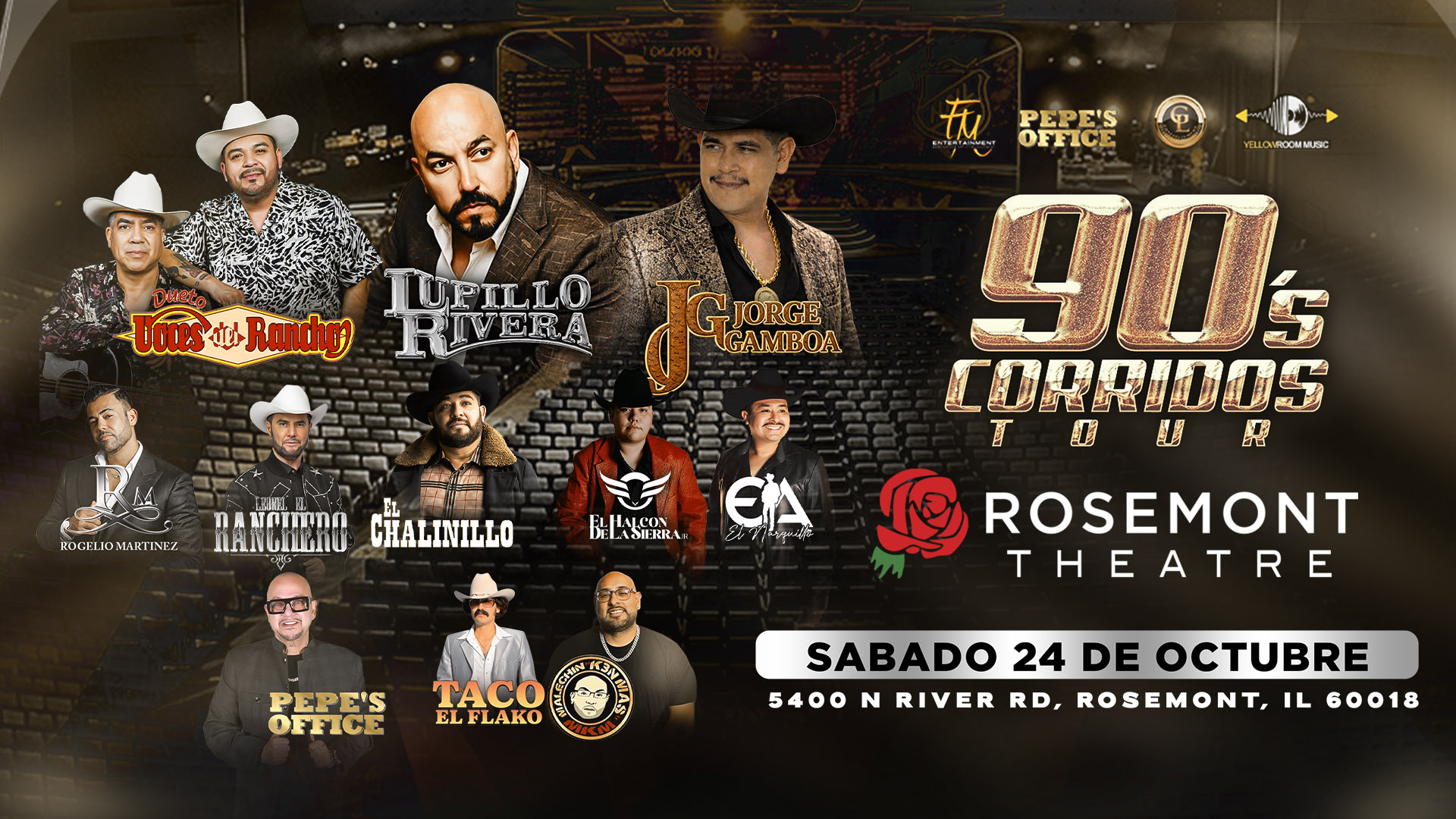 Promotional poster for the 90’s Corridos Tour at Rosemont Theatre, featuring images of performers, event details, and date: Saturday, October 24, at 5400 N River Rd, Rosemont, IL.