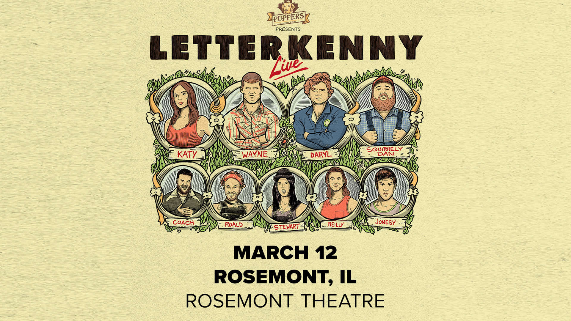 Poster for Letterkenny Live featuring illustrated cast members and event details: March 12, Rosemont, IL, Rosemont Theatre.