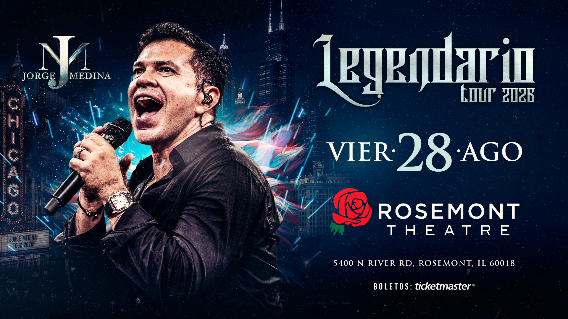 Jorge Medina singing on stage; text promotes his Legendario Tour 2024 on August 28 at Rosemont Theatre, Rosemont, IL. Ticket info from Ticketmaster.