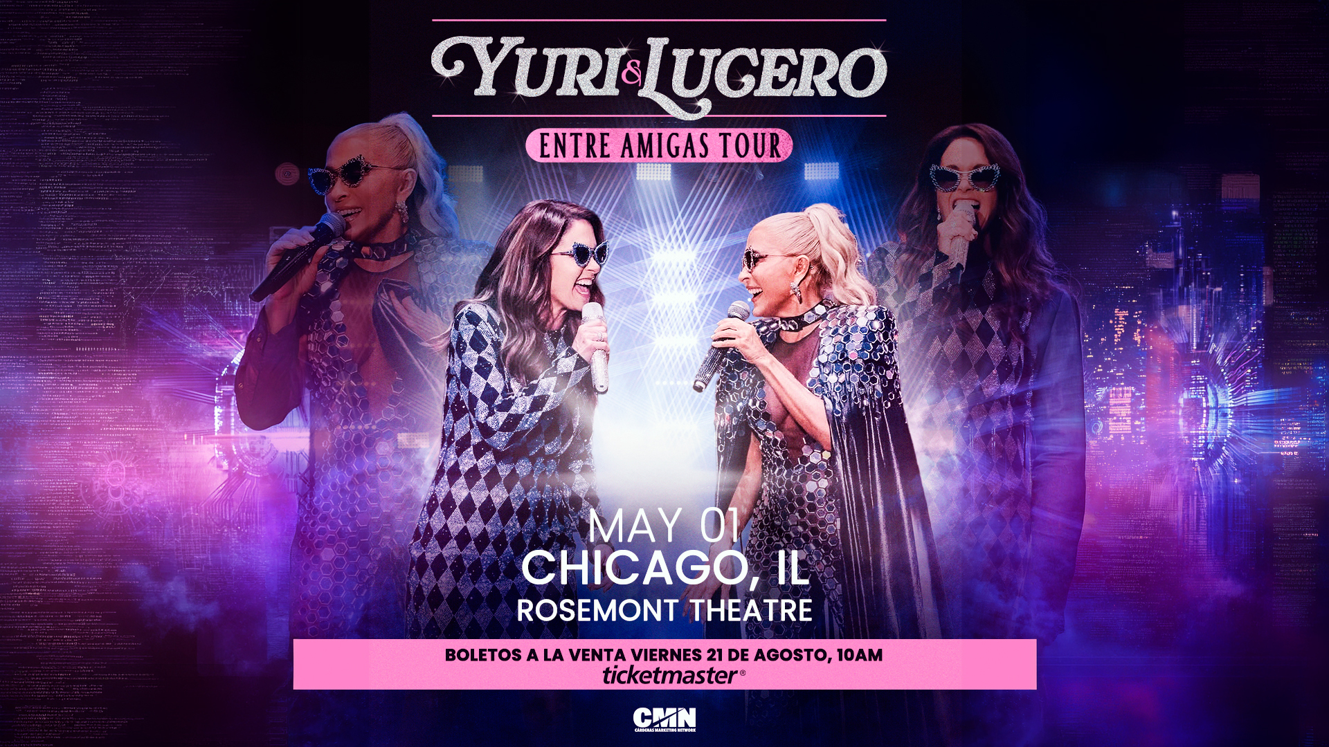 Concert poster for Yuri & Luceros Entre Amigas Tour at Rosemont Theatre in Chicago, IL, on May 1. Tickets on sale August 21 at 10am via Ticketmaster.