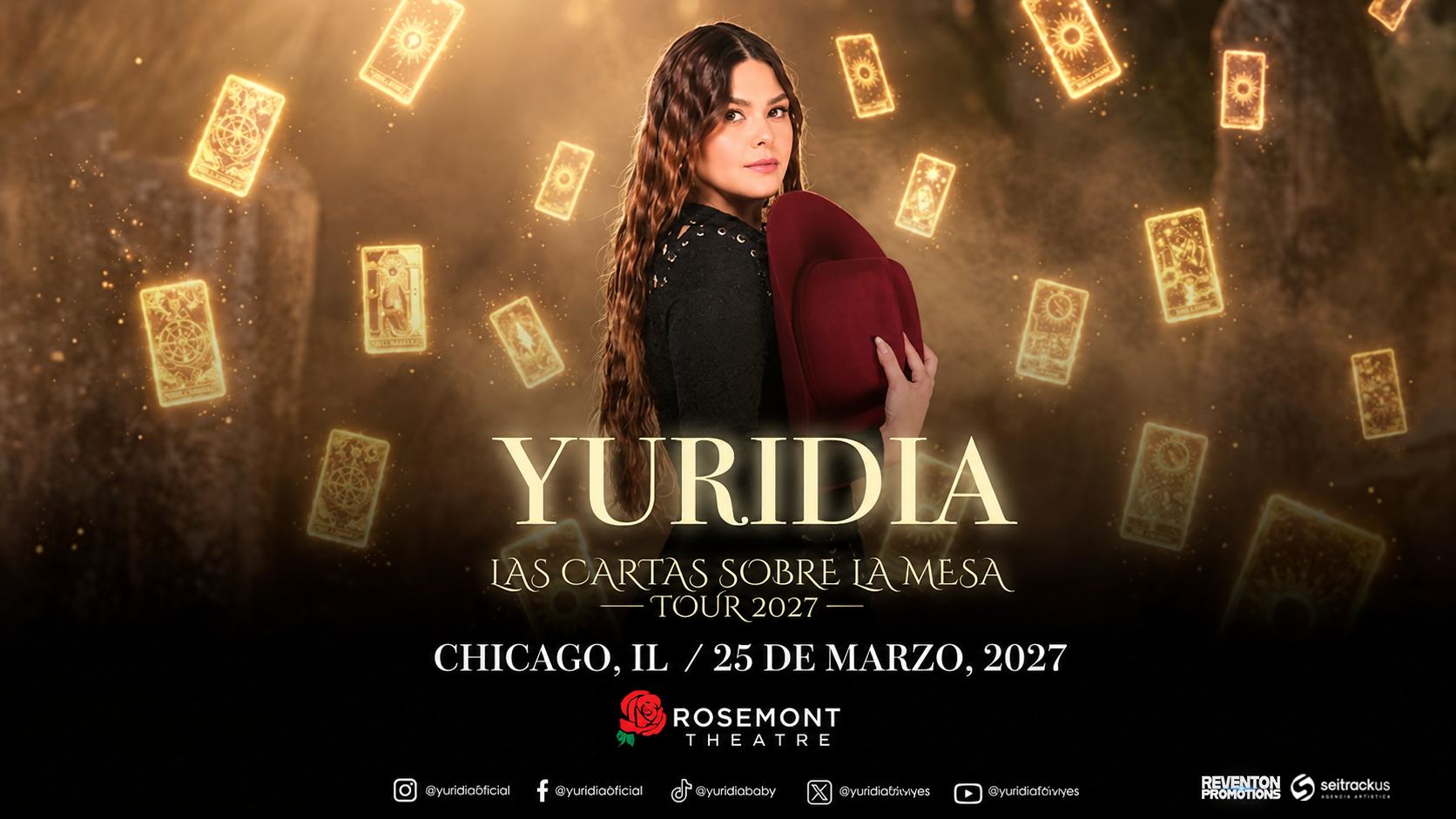 A woman holding a red hat stands in front of floating tarot cards. Text promotes Yuridias 2027 Chicago concert at Rosemont Theatre on March 25.