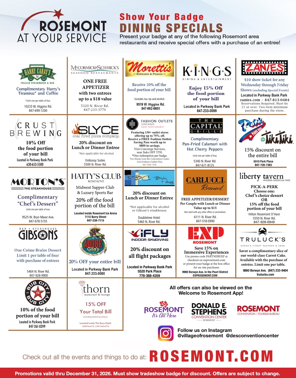 A flyer titled Rosemont At Your Service lists dining specials for badge holders at various Rosemont restaurants, with logos, brief offer descriptions, and website links. Valid through December 31, 2026.