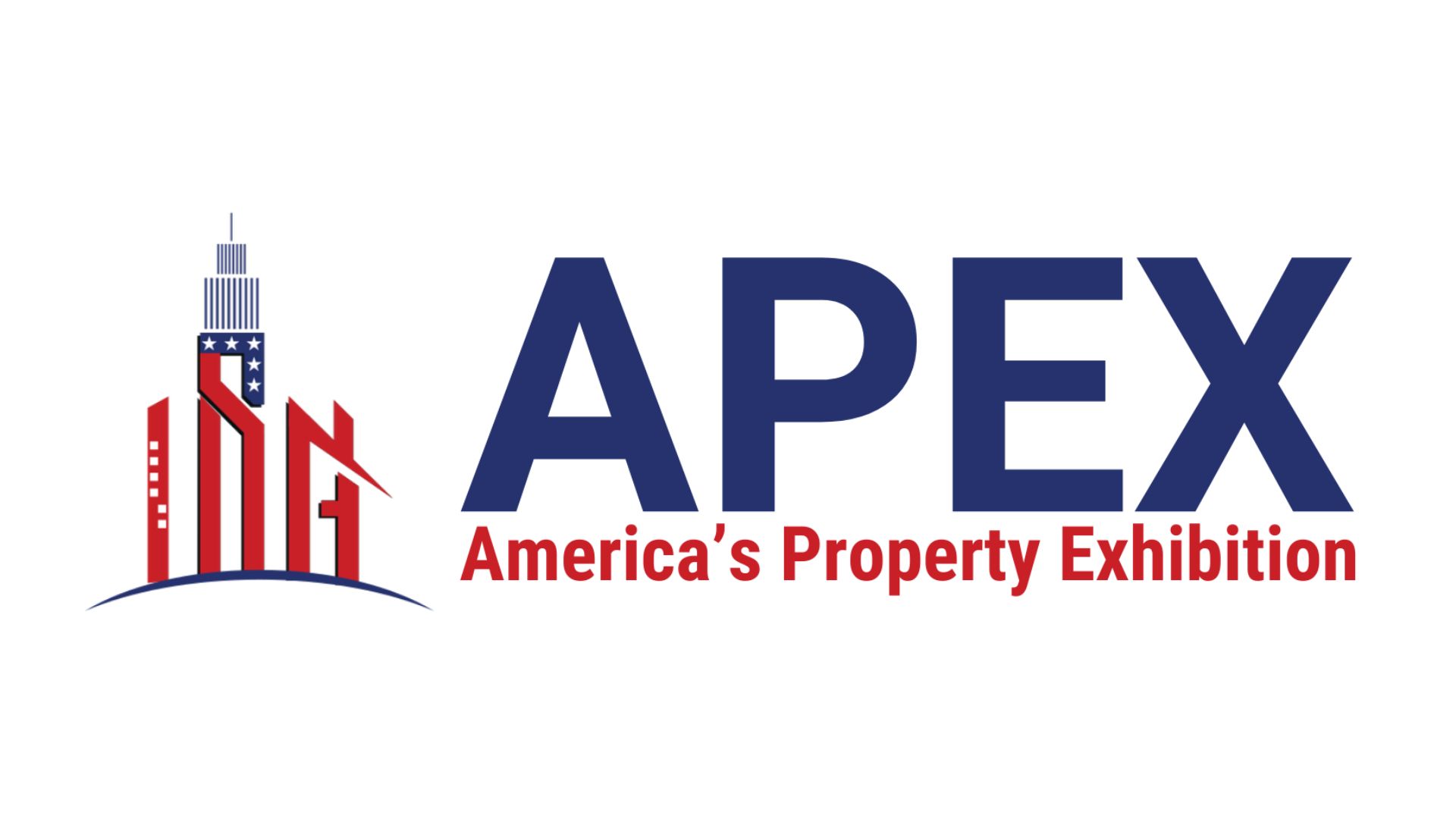 Logo for Americas Property Exhibition (APEX), featuring stylized buildings and a house in red, white, and blue with the text APEX Americas Property Exhibition.