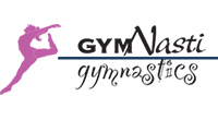 Logo for GYM Nasti Gymnastics featuring a pink silhouette of a gymnast leaping and stylized text spelling out the gyms name.