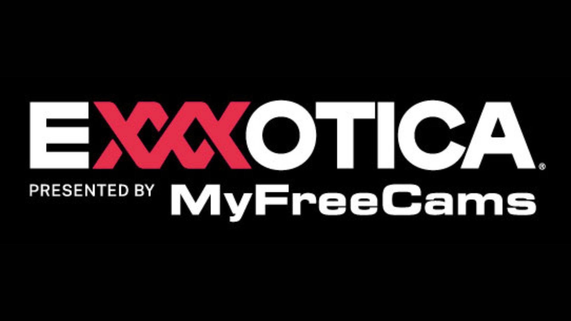 EXXXOTICA presented by MyFreeCams logo shown on a black background with bold white and red text.