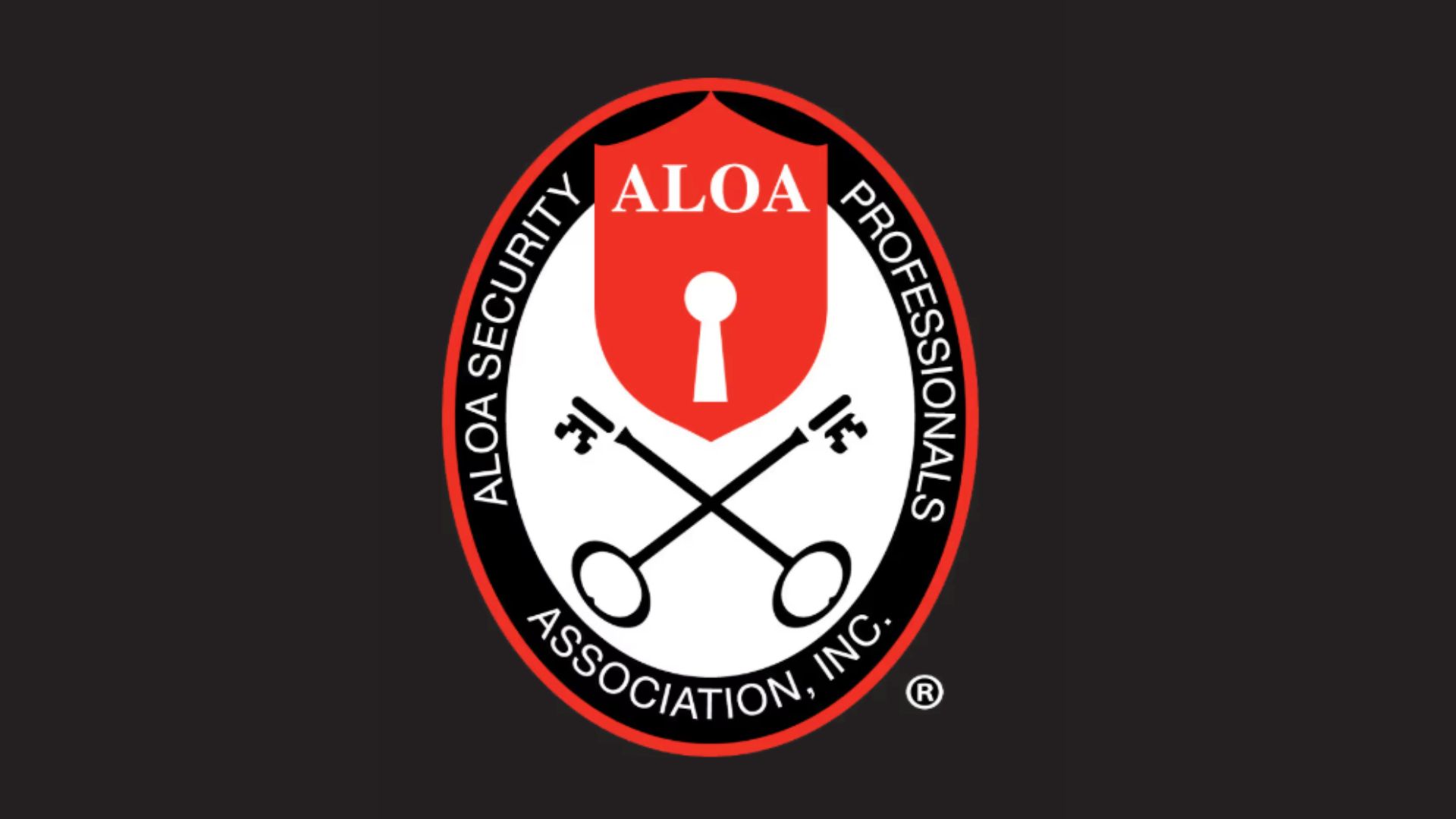 ALOA Security Professionals Association, Inc. logo featuring a red shield with a keyhole, two crossed keys, and white text on a black background.