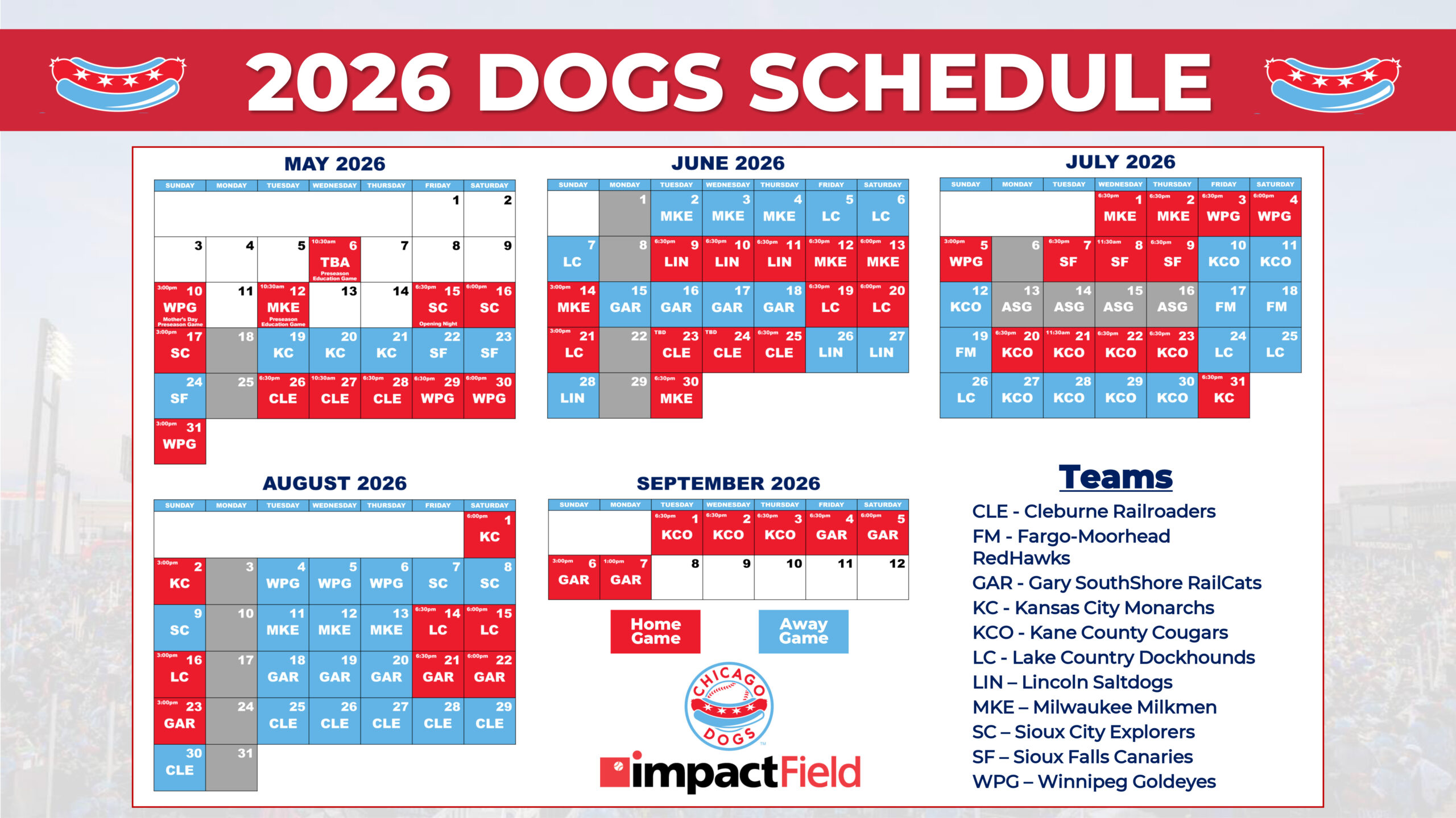 2026 Dogs baseball schedule calendar with home and away games from May to September, team abbreviations, and Impact Field logo at the bottom.