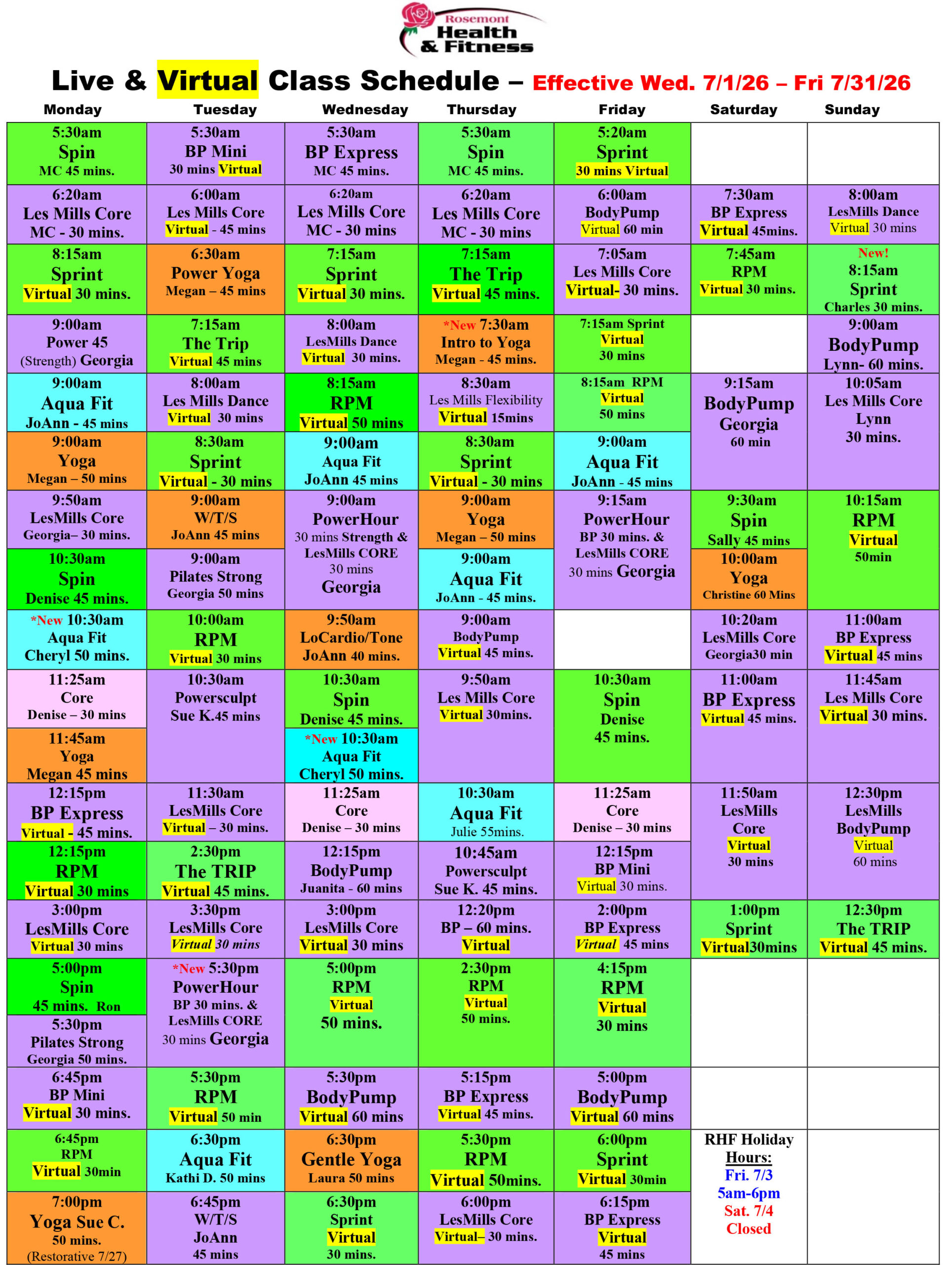 Weekly schedule of live and virtual fitness classes color-coded by type, listing class names, times, and instructors for each day from early morning to evening.